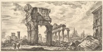 Plate 7: Temple of Jupiter Tonans (Jupiter the Thunderer). 1. Temple of Concord. (Tempio di Giove Tonans. 1. Tempio della Concordia.), from "Antichità Romane de' Tempi della Repubblica, e de' primi Imperatori"