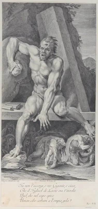 Plate 7: the blinded Polyphemus, guarding the entrance of his cavern, with Ulysses and his companions escaping below by covering themselves with ram skins