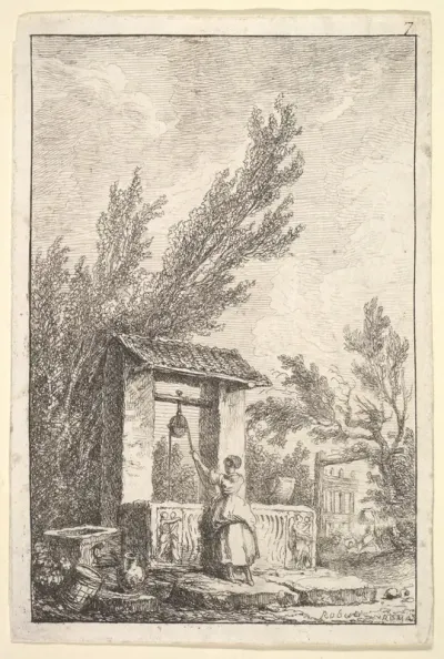 Plate 7: The Well: a young woman in center, seen from behind, drawing water from a well that is decorated with reliefs from an ancient sarcophagus, from "Les soirées de Rome"