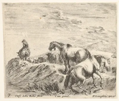 Plate 7: two horses ascending the bank of a river at right, following a procession of horses and one horseman to the left, from "Diversi Capricci"