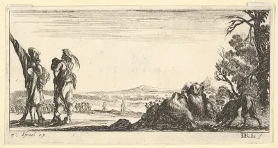 Plate 7: two soldiers standing to left, a wolf devouring a dead horse to right with another wolf entering from right, from "Troops, cannons, and attacks on towns" (Dessins de quelques conduites de troupes, canons, et ataques de villes)