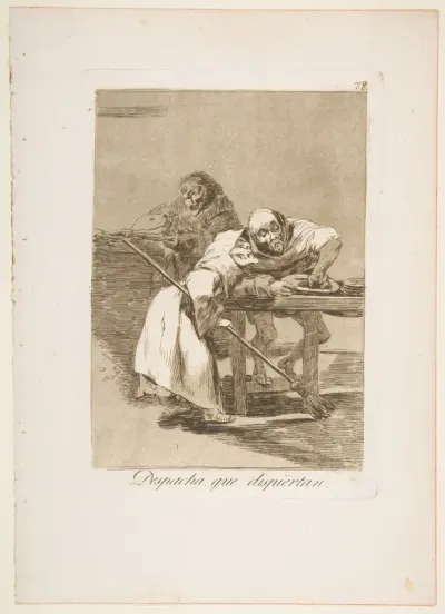 Plate 78 from "Los Caprichos": Be quick, they are waking up (Despacha, que dispiértan)