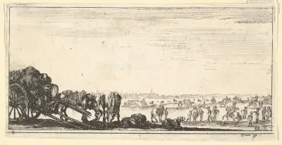 Plate 8: a chariot and two horses to left, a dog in center, various horses and soldiers in the background, from "Troops, cannons, and attacks on towns" (Dessins de quelques conduites de troupes, canons, et ataques de villes)