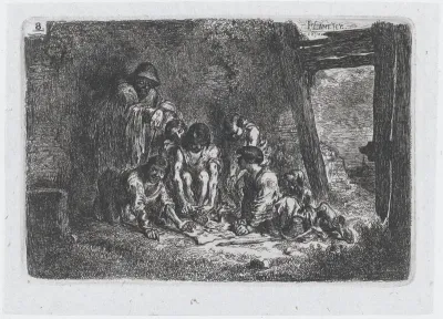 Plate 8: a group of figures, some of whom are playing a game, from "Customs and Pastimes of the Spanish People"