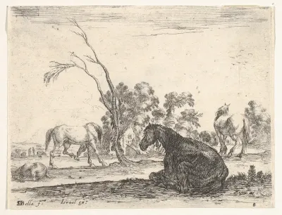 Plate 8: a seated horse to right, seen from behind and turned to the left, three other horses in middleground, a tree in center, from "Various Figures" (Agréable diversité de figures)