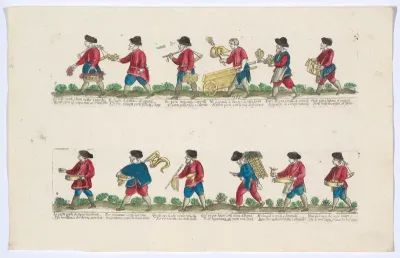 Plate 8 depicting the trades of Rome,here including vendors of coral, images, lemons etc., from the "Descrición de las artes que se llaman para los calles de la ciudad de Roma"