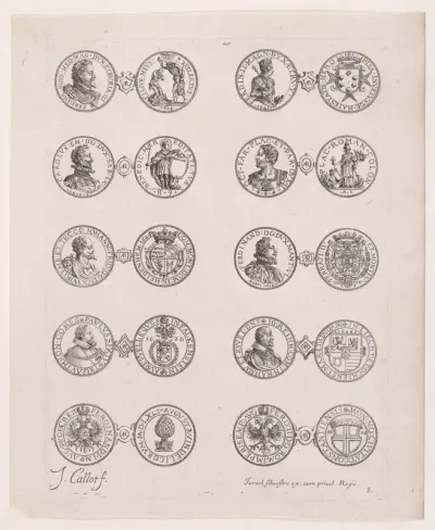 Plate 8, Featuring 10 Coins Issued by European Princes in the 16th and 17th centuries, from "Les Monnaies" (The Currencies)
