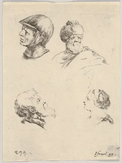 Plate 8: Four small heads, a soldier at upper left, a Turk with a turban and beard at upper right, a bearded man in profile at bottom left, a young woman in profile at bottom right, from "The Book for Learning to Draw" (Livre pour apprendre à dessine