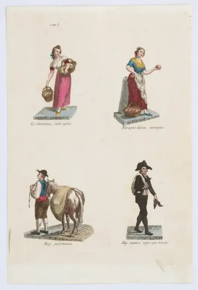 Plate 8: four street vendors from Madrid selling lemons, oranges, pigeons, and shoes, from 'Los Gritos de Madrid' (The Cries of Madrid)