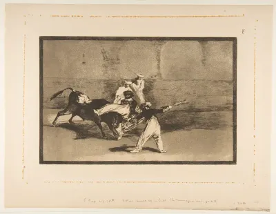 Plate 8 from "Tauromaquia": A moor caught by the bull in the ring