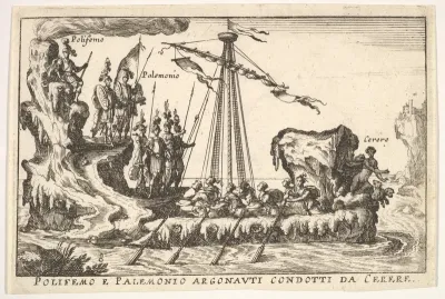 Plate 8: Polyphemus and Palemonius led by Ceres (Polifemo e Palemonio Argonauti condotti da Cerere), from "The magnificent pageant on the river Arno in Florence for the marriage of the Grand Duke" (Le Magnifique carousel fait sur le fleuve de l'Arne 