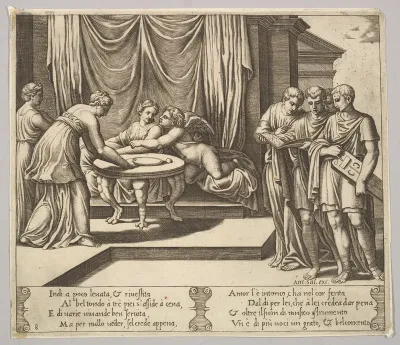 Plate 8: Psyche seated at a table and attended by invisible servants, Eros beside the goddess, from "The Fable of Cupid and Psyche"