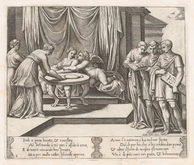 Plate 8: Psyche seated at a table attended by invisible servants, as Cupid rests his head on her shoulder, at right four men standing singing from an open book, one playing a lute, from "The Story of Cupid and Psyche as told by Apuleius"