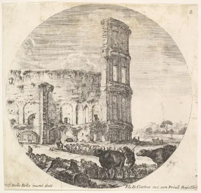 Plate 8: the Colosseum, two herds being directed towards the amphitheater in the foreground, from "Roman landscapes and ruins" (Paysages et ruines de Rome)