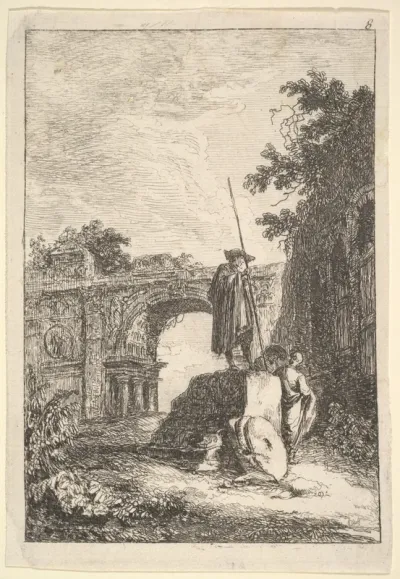 Plate 8: The Triumphal Arch: a man standing atop an architectural fragment in center with two men below, seen from behind, remains of a triumphal arch in the background and the ruins of an arcade to right, from "Les soirées de Rome"