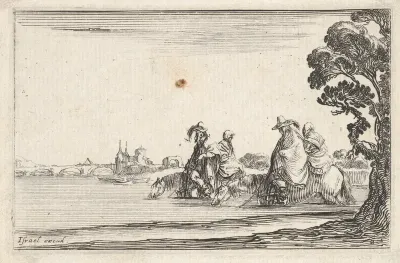Plate 8: Two horsemen in hats at right, each with a woman seated behind them, riding towards the left in profile across a river, a tree at far right, from "Caprice faict par de la Bella"