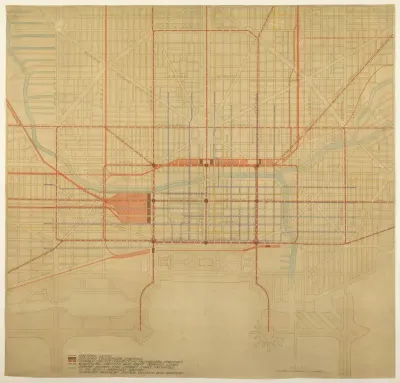 Plate 80 from The Plan of Chicago, 1909: Chicago. Diagram of City Center, Showing the Proposed Arrangement of Railroad Passenger Stations, the Complete Traction System, Including Rapid Transit, Subway, and Elevated Roads, and the Circuit Subway Line.
