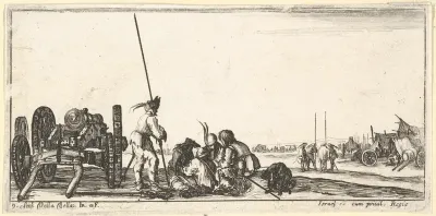 Plate 9: a chariot carrying a cannon to left, soldiers in center playing cards, from "Troops, cannons, and attacks on towns" (Dessins de quelques conduites de troupes, canons, et ataques de villes)
