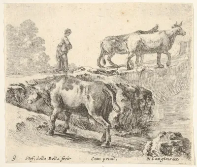 Plate 9: a cow ascending a bank, a peasant woman leading two cows across a bridge in background, from "Diversi Capricci"