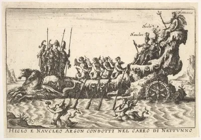 Plate 9: Argonauts Hicleus and Naucleus led in the float of Neptune (Hicleo e Naucleo Argon. condotti nel carro di Nattunno), from "The magnificent pageant on the river Arno in Florence for the marriage of the Grand Duke" (Le Magnifique carousel fait