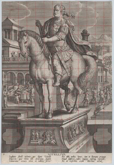 Plate 9: equestrian statue of Vitellius, seen three-quarters to the left, with his death scene in the background at right, his body being thrown into the Tiber at upper right, from 'Roman Emperors on Horseback'