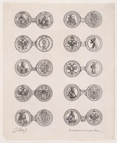 Plate 9, Featuring 10 Coins Issued by European Princes in the 16th and 17th centuries, from "Les Monnaies" (The Currencies)