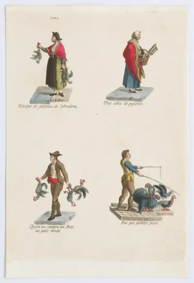 Plate 9: four street vendors from Madrid selling different kinds of birds (chicken, turkey, etc), from "Los Gritos de Madrid" (The Cries of Madrid)