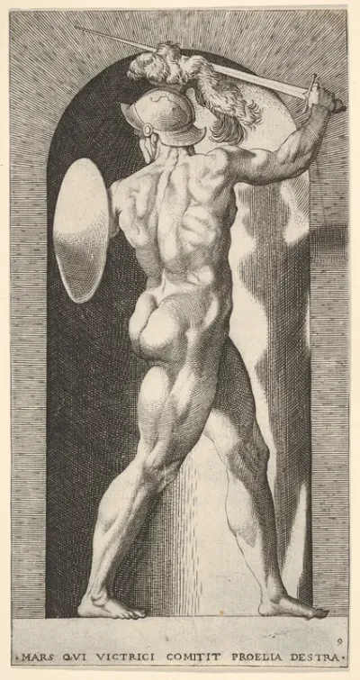 Plate 9: Mars in a niche, holding a sword above his head with his right arm, and a shield on his left arm, from "Mythological Gods and Goddesses"
