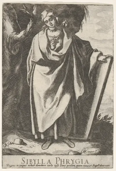 Plate 9: The Phrygian Sibyl holding the top of a tablet with her left hand and pointing with her right, from "Sibyls"