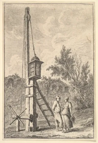 Plate 9: The Pulley: a man and a woman conversing to right, a lantern hung on a post to left, from "Les soirées de Rome"