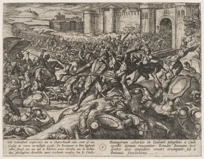 Plate 9: The Romans Defeated by the Dutch Troops at Bonna, from "The War of the Romans Against the Batavians" (Romanorvm et Batavorvm societas)