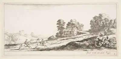 Plate 9: two horsemen at left galloping uphill towards the right, a horse and seated man to right, from 'Various landscapes' (Divers paysages)