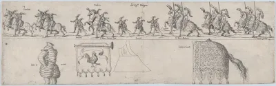 Plate depicting Signore Bolognesi, from a series of twelve showing knights and their attendants dressed for a tournament (plate 9)