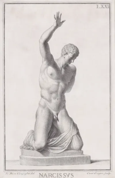 Plate LXXI (71): Narcissus, from "Museum Florentinum" (Statuae antiquae dorum et virorum illustrium)