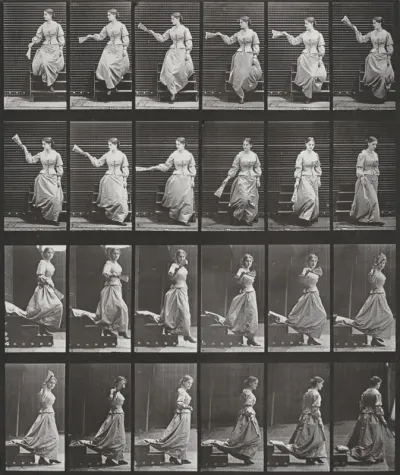 Plate Number 140. Descending stairs, looking around and waving a fan