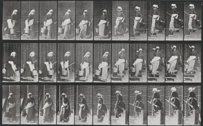 Plate Number 148. Descending stairs, turning carrying a bucket of water and a broom