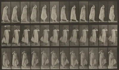 Plate Number 37. Walking; left hand holding dress, right hand at face