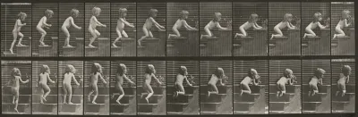 Plate Number 474. Child walking up stairs, kneeling and reaching for vase