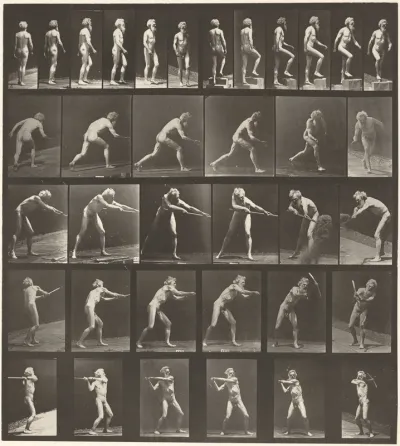 Plate Number 521. A: Walking. B: Ascending step. C. Throwing disk. D: Using shovel. E, F. Using pick