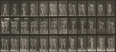 Plate Number 54. Two women walking arm in arm and turning around; one flirting a fan