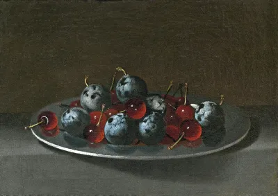 Plate with Plums and Morello Cherries
