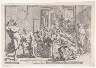 Plato's symposium: Socrates and his companions seated around a table discussing ideal love interruputed by Acibiades at left