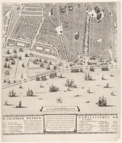 Platte-grondt van de oude en nieuwe royinge der stede Amsterdam aengewesen met alle hare publike Gebouwen waer van de oude roying in 't bruyn en de nieuwe in 't bleeck wort uytgebeelt; de nieuwe begint daer de oude wal met gestipte linien is getekent