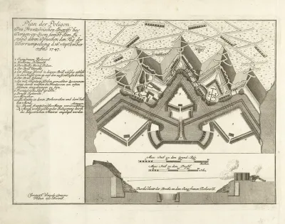 Plattegrond en doorsnede van de vesting Bergen op Zoom, 1747
