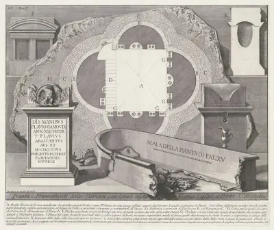 Plattegrond en fragmenten uit graftombe bij Vigna Casali