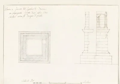Plattegrond en opstand van grafmonument van Theron vlakbij Hercules tempel in oude Agrigento