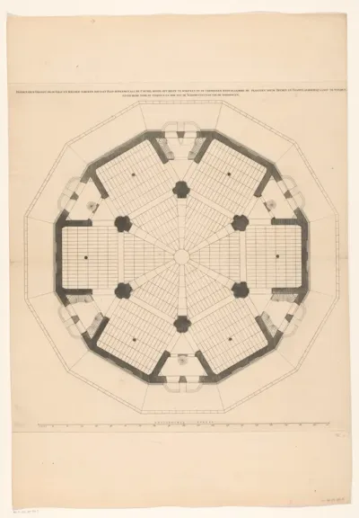 Plattegrond met de derde laag van een koepelkerk op de Botermarkt te Amsterdam
