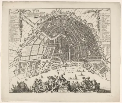 Plattegrond van Amsterdam met een allegorie op de stad