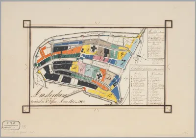 Plattegrond van Amsterdam met indeling van wijken, 1481-1508