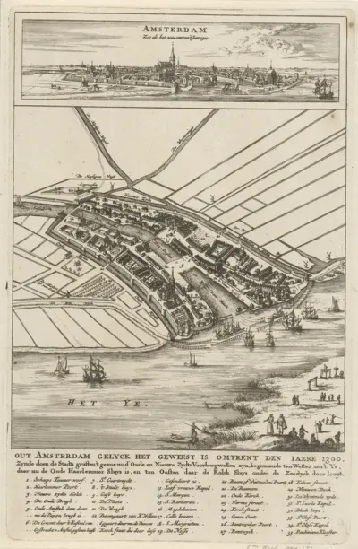 Plattegrond van Amsterdam met stadsgezicht, 1300